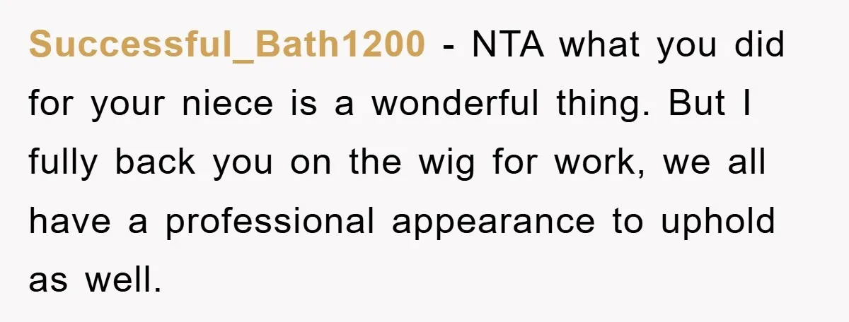 Successful_Bath1200 − NTA what you did for your niece is a wonderful thing. But I fully back you on the wig for work, we all have a professional appearance to...