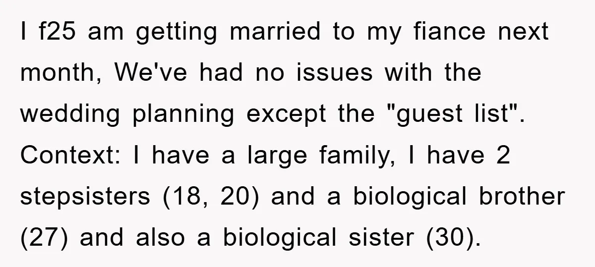 I f25 am getting married to my fiance next month, We've had no issues with the wedding planning except the "guest list". Context: I have a large family, I have...