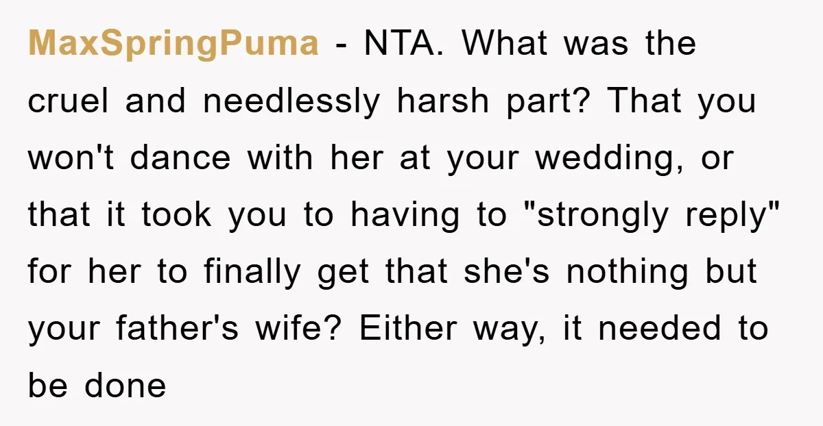 MaxSpringPuma − NTA. What was the cruel and needlessly harsh part? That you won't dance with her at your wedding, or that it took you to having to "strongly reply"...