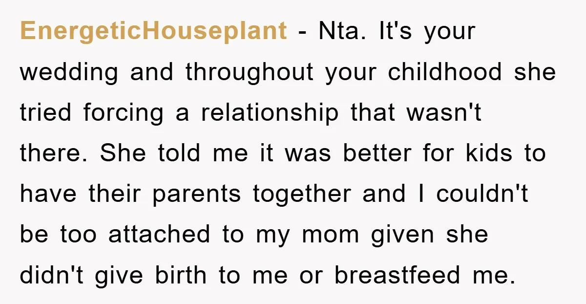 EnergeticHouseplant − Nta. It's your wedding and throughout your childhood she tried forcing a relationship that wasn't there. She told me it was better for kids to have their parents...