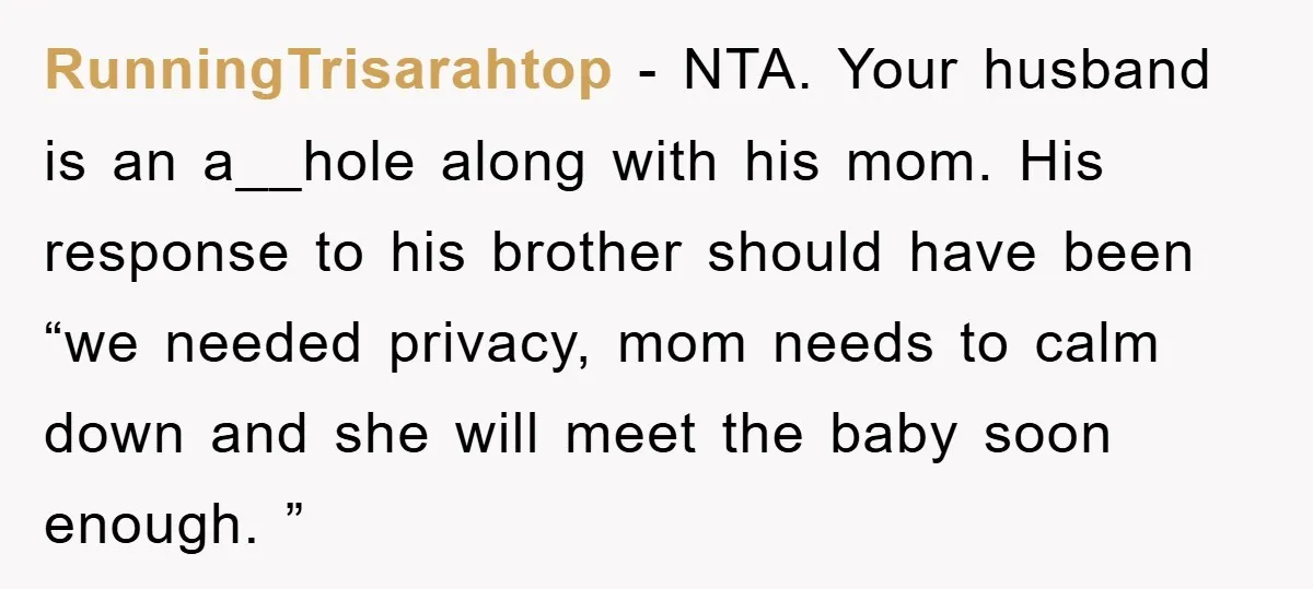 RunningTrisarahtop − NTA. Your husband is an a__hole along with his mom. His response to his brother should have been “we needed privacy, mom needs to calm down and she...