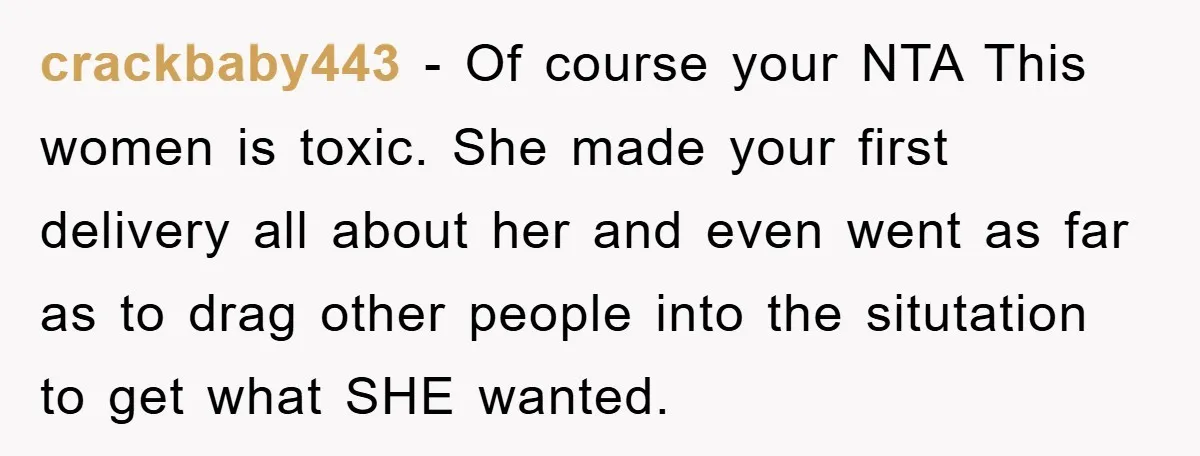 crackbaby443 − Of course your NTA This women is toxic. She made your first delivery all about her and even went as far as to drag other people into the...
