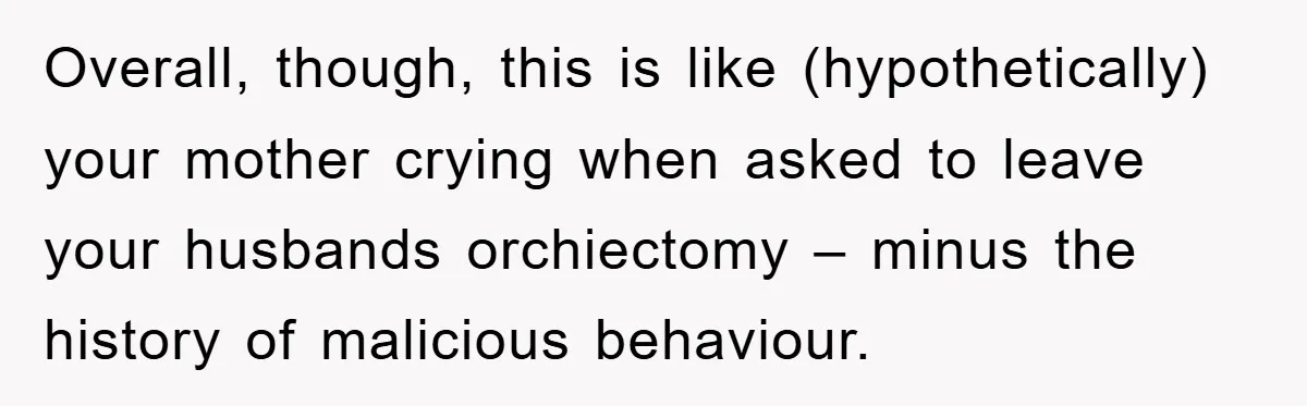 Overall, though, this is like (hypothetically) your mother crying when asked to leave your husbands orchiectomy – minus the history of malicious behaviour.
