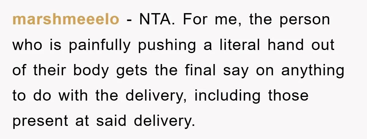 marshmeeelo − NTA. For me, the person who is painfully pushing a literal hand out of their body gets the final say on anything to do with the delivery, including...