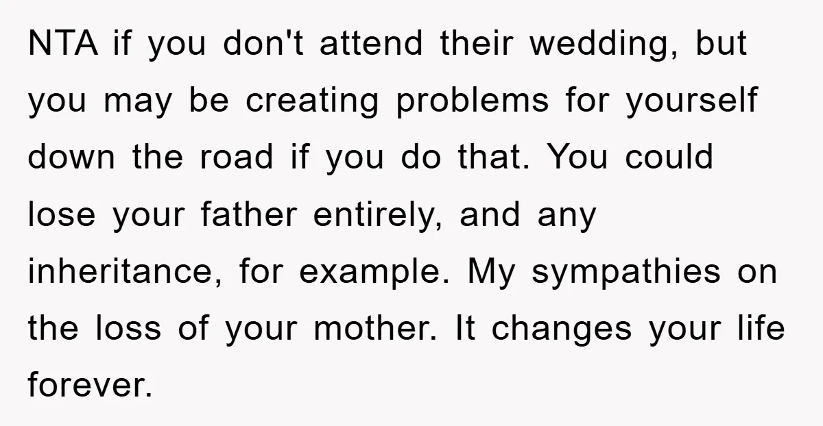 NTA if you don't attend their wedding, but you may be creating problems for yourself down the road if you do that. You could lose your father entirely, and any...