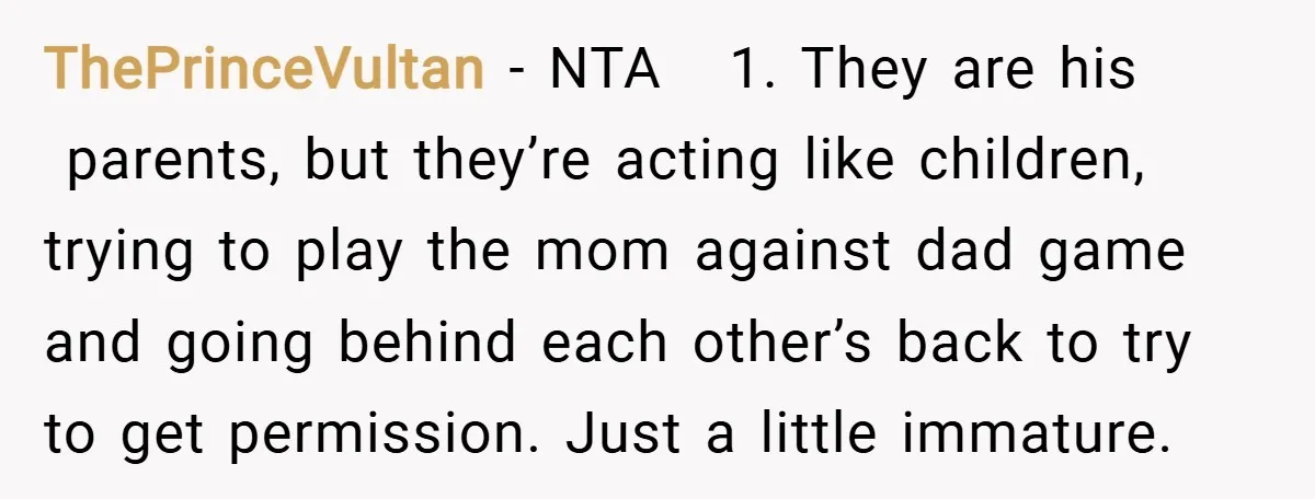 ThePrinceVultan − NTA 1. They are his parents, but they’re acting like children, trying to play the mom against dad game and going behind each other’s back to try to...