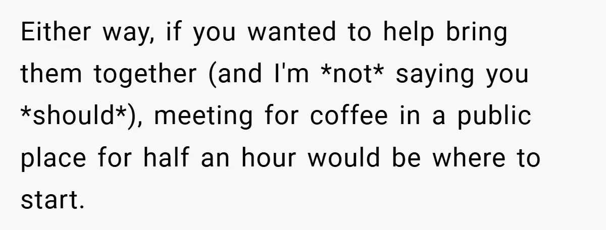 Either way, if you wanted to help bring them together (and I'm *not* saying you *should*), meeting for coffee in a public place for half an hour would be where...