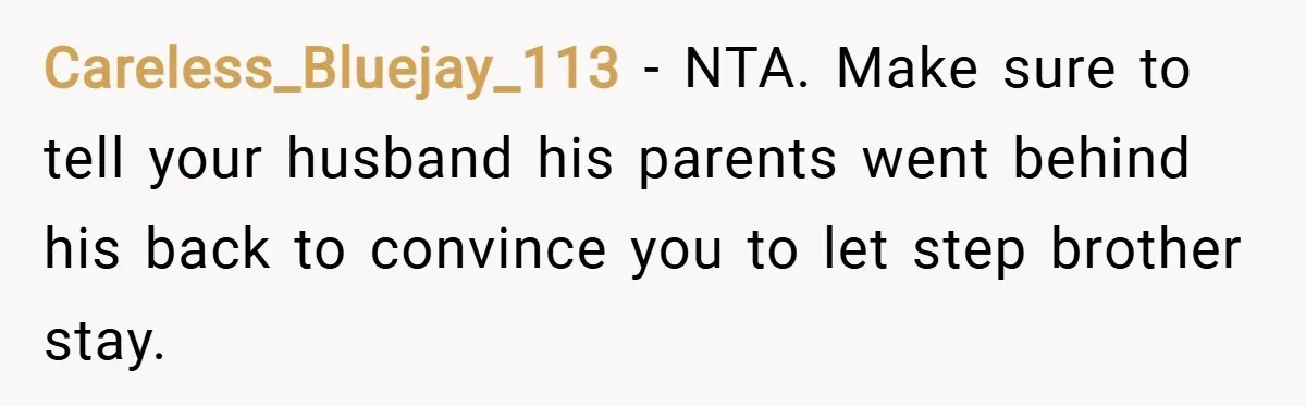 Careless_Bluejay_113 − NTA. Make sure to tell your husband his parents went behind his back to convince you to let step brother stay.