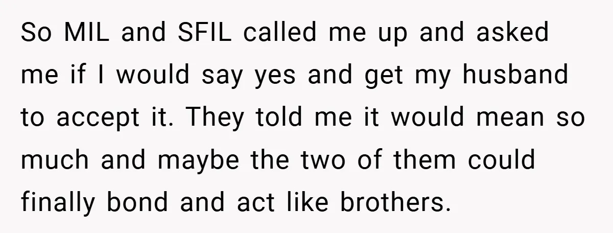 So MIL and SFIL called me up and asked me if I would say yes and get my husband to accept it. They told me it would mean so much...