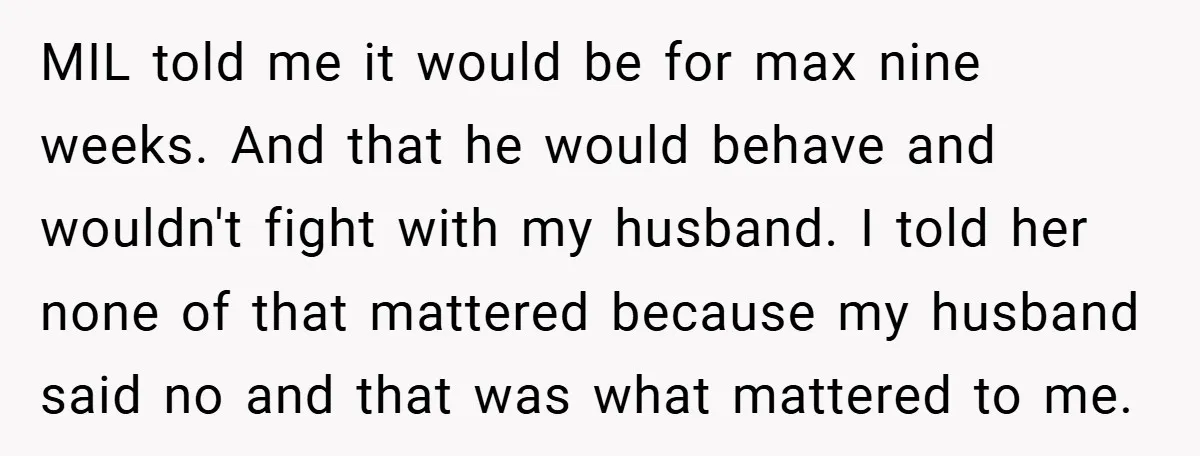 MIL told me it would be for max nine weeks. And that he would behave and wouldn't fight with my husband. I told her none of that mattered because my...