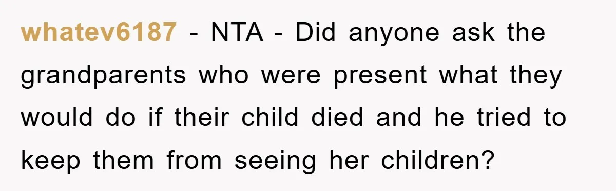 whatev6187 − NTA - Did anyone ask the grandparents who were present what they would do if their child died and he tried to keep them from seeing her children?