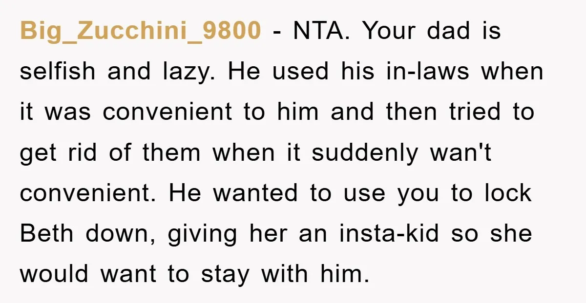 Big_Zucchini_9800 − NTA. Your dad is selfish and lazy. He used his in-laws when it was convenient to him and then tried to get rid of them when it suddenly...