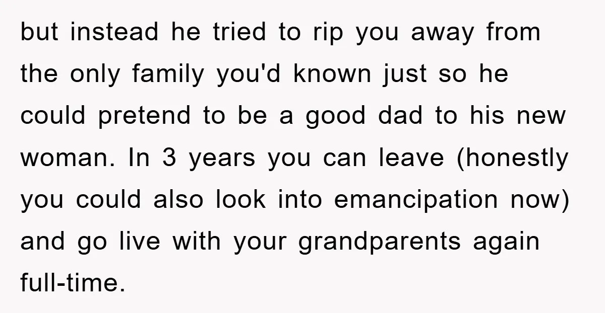 but instead he tried to rip you away from the only family you'd known just so he could pretend to be a good dad to his new woman. In 3...