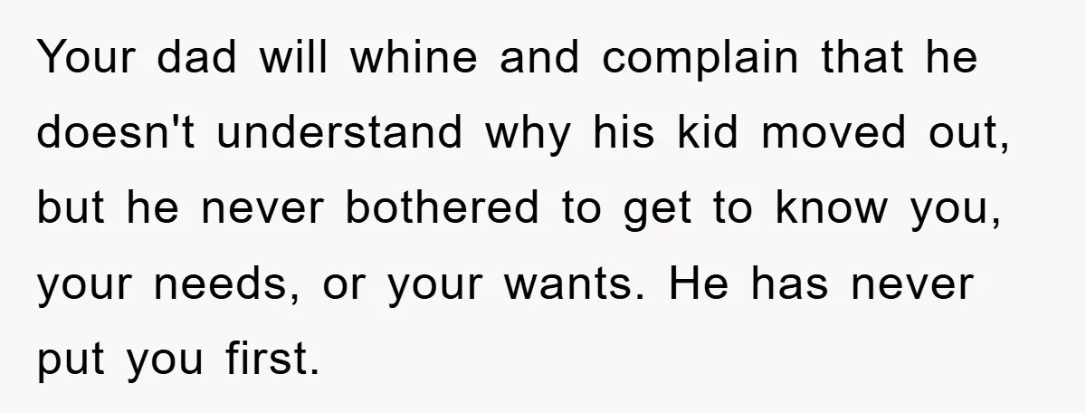 Your dad will whine and complain that he doesn't understand why his kid moved out, but he never bothered to get to know you, your needs, or your wants. He...