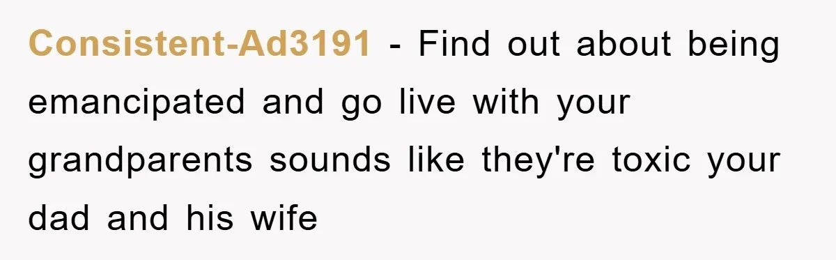 Consistent-Ad3191 − Find out about being emancipated and go live with your grandparents sounds like they're toxic your dad and his wife