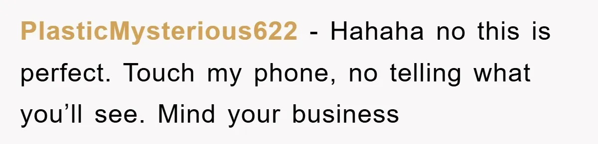 PlasticMysterious622 − Hahaha no this is perfect. Touch my phone, no telling what you’ll see. Mind your business
