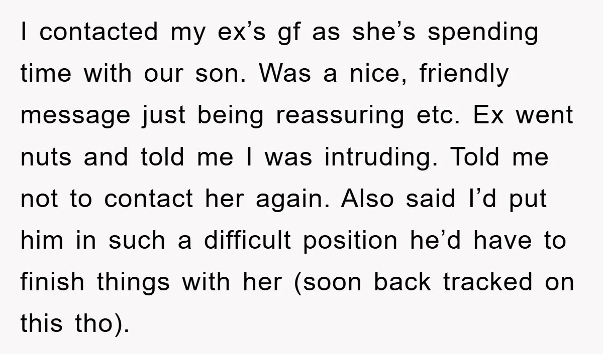 I contacted my ex’s gf as she’s spending time with our son. Was a nice, friendly message just being reassuring etc. Ex went nuts and told me I was intruding....