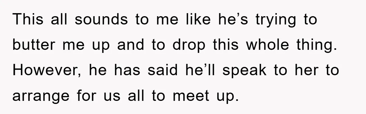 This all sounds to me like he’s trying to butter me up and to drop this whole thing. However, he has said he’ll speak to her to arrange for us...