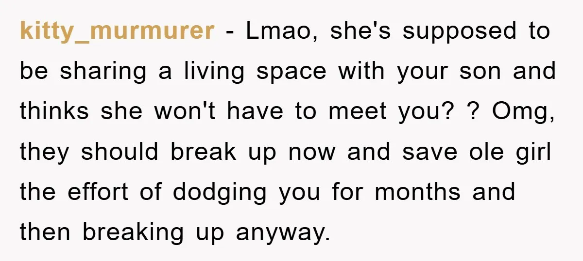 kitty_murmurer − Lmao, she's supposed to be sharing a living space with your son and thinks she won't have to meet you? ? Omg, they should break up now and...