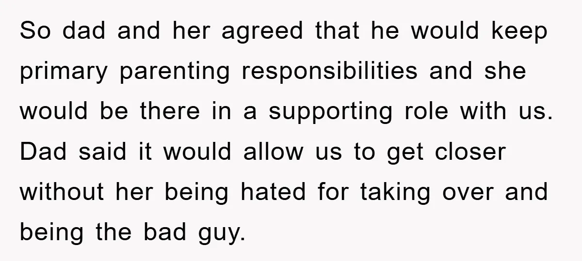 So dad and her agreed that he would keep primary parenting responsibilities and she would be there in a supporting role with us. Dad said it would allow us to...