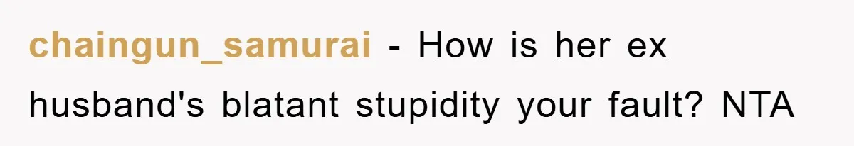 chaingun_samurai − How is her ex husband's blatant stupidity your fault? NTA