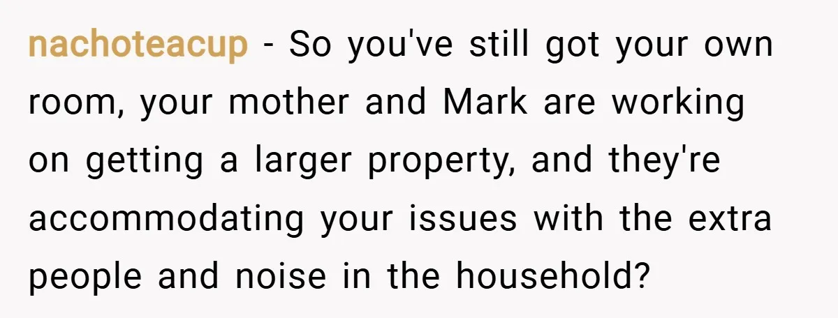 nachoteacup − So you've still got your own room, your mother and Mark are working on getting a larger property, and they're accommodating your issues with the extra people and...
