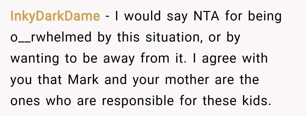 InkyDarkDame − I would say NTA for being o__rwhelmed by this situation, or by wanting to be away from it. I agree with you that Mark and your mother are...