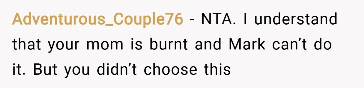 Adventurous_Couple76 − NTA. I understand that your mom is burnt and Mark can’t do it. But you didn’t choose this