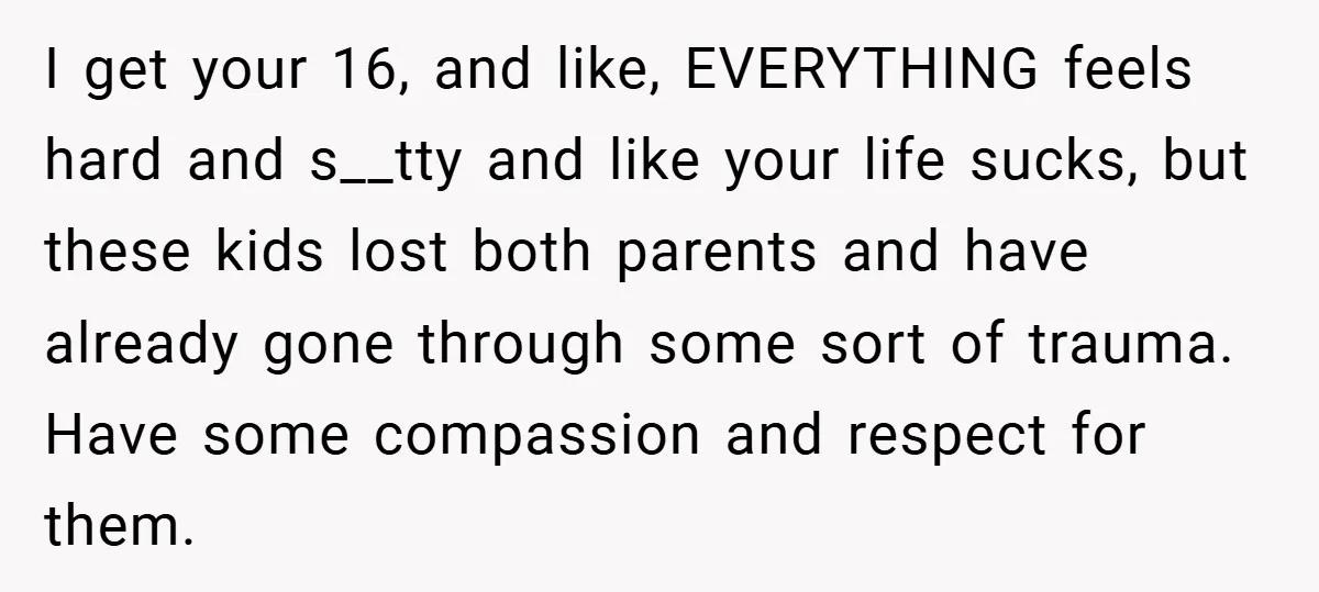 I get your 16, and like, EVERYTHING feels hard and s__tty and like your life sucks, but these kids lost both parents and have already gone through some sort of...