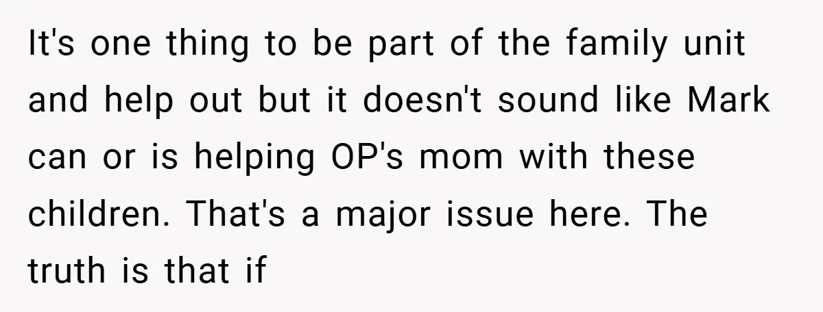 It's one thing to be part of the family unit and help out but it doesn't sound like Mark can or is helping OP's mom with these children. That's a...
