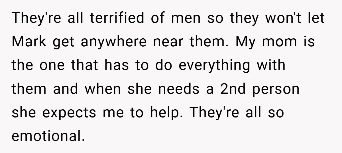 They're all terrified of men so they won't let Mark get anywhere near them. My mom is the one that has to do everything with them and when she needs...