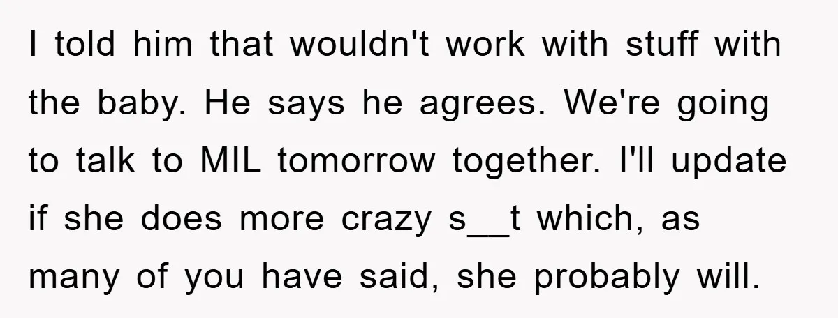 I told him that wouldn't work with stuff with the baby. He says he agrees. We're going to talk to MIL tomorrow together. I'll update if she does more crazy...