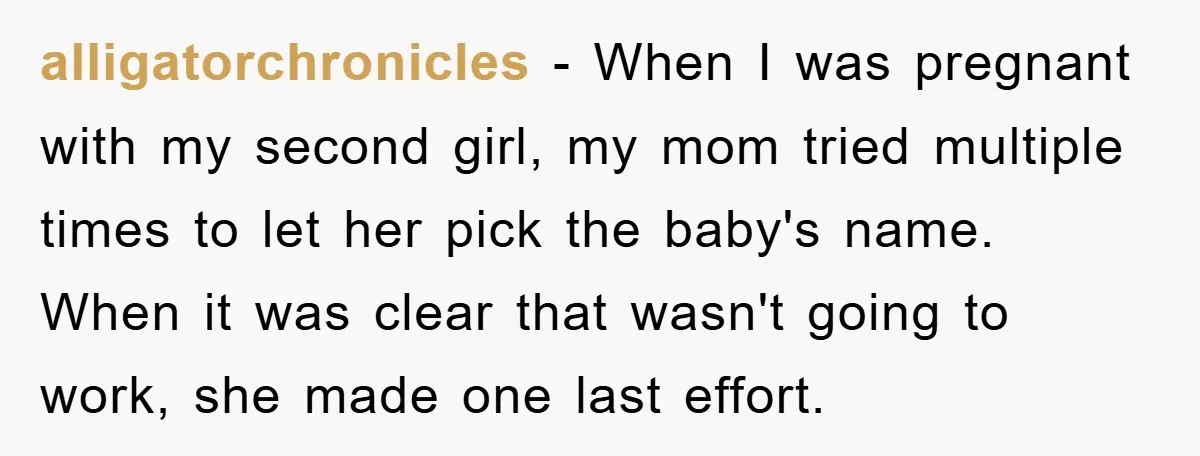 alligatorchronicles − When I was pregnant with my second girl, my mom tried multiple times to let her pick the baby's name. When it was clear that wasn't going to...