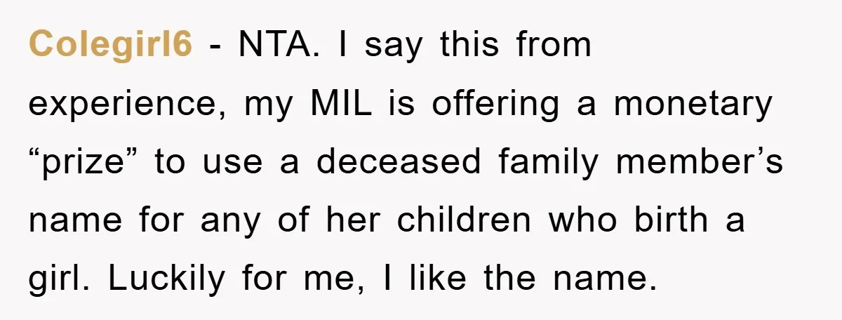 Colegirl6 − NTA. I say this from experience, my MIL is offering a monetary “prize” to use a deceased family member’s name for any of her children who birth a...
