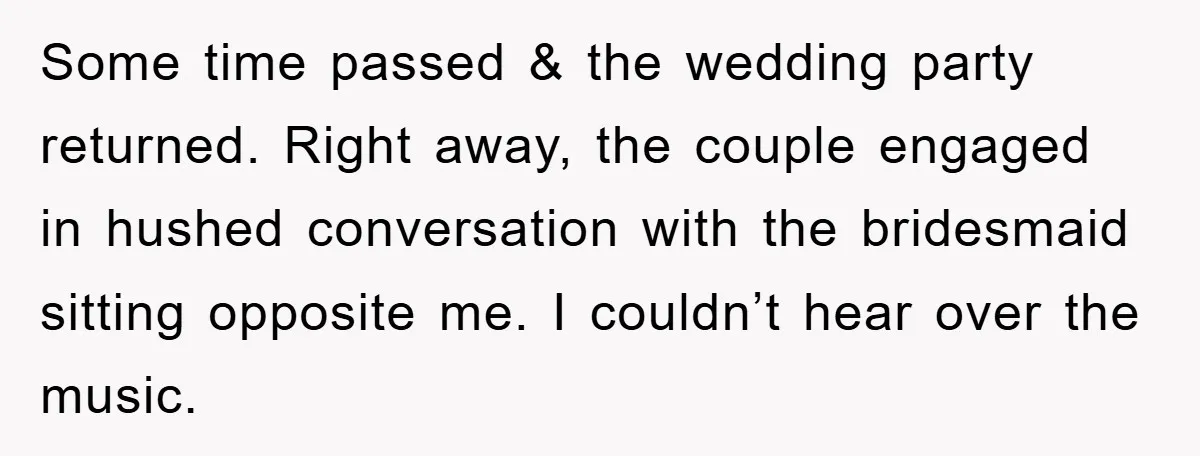 Some time passed & the wedding party returned. Right away, the couple engaged in hushed conversation with the bridesmaid sitting opposite me. I couldn’t hear over the music.