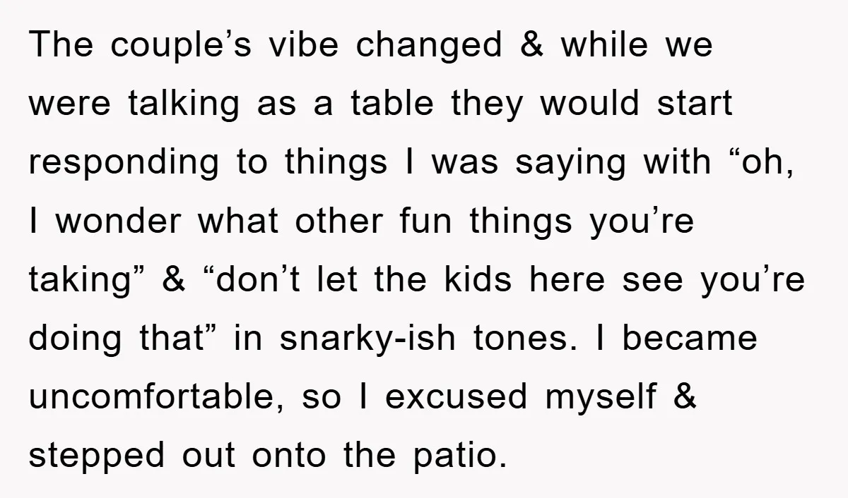 The couple’s vibe changed & while we were talking as a table they would start responding to things I was saying with “oh, I wonder what other fun things you’re...