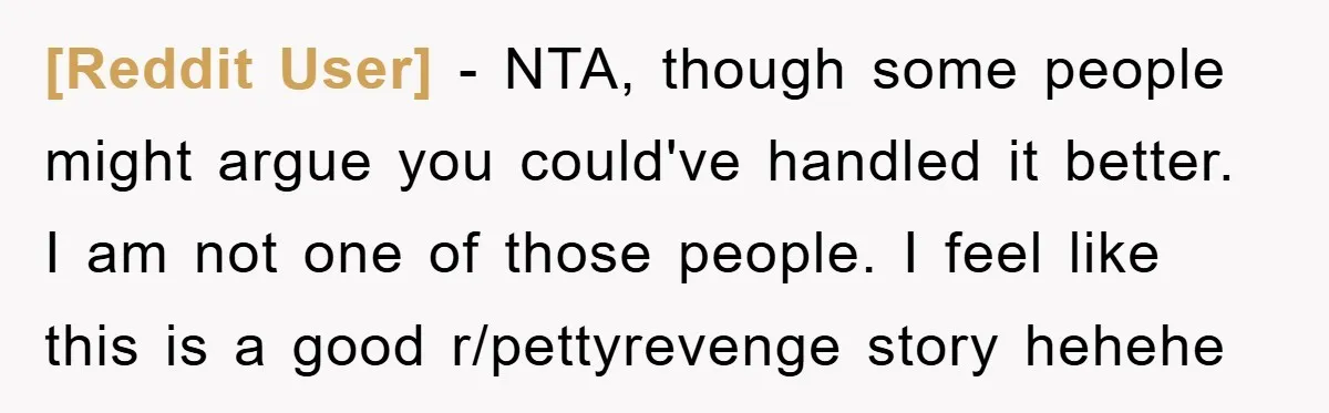 [Reddit User] − NTA, though some people might argue you could've handled it better. I am not one of those people. I feel like this is a good r/pettyrevenge story...