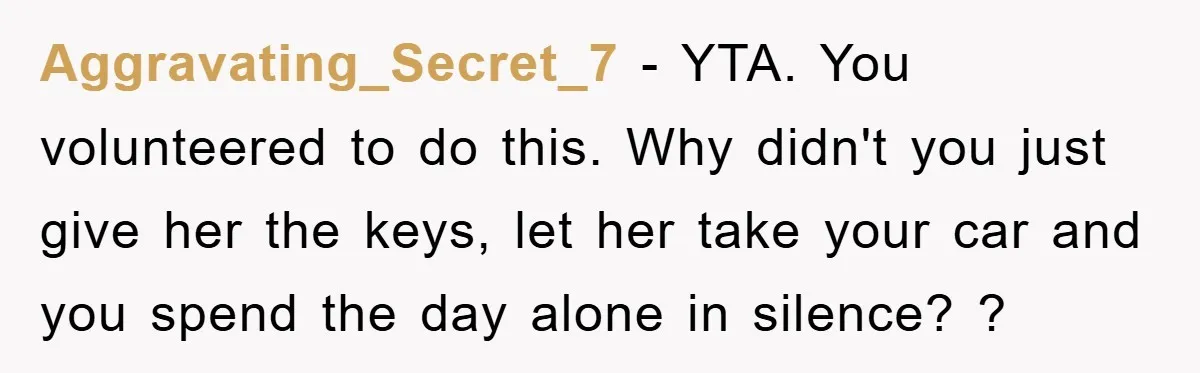 Aggravating_Secret_7 − YTA. You volunteered to do this. Why didn't you just give her the keys, let her take your car and you spend the day alone in silence? ?