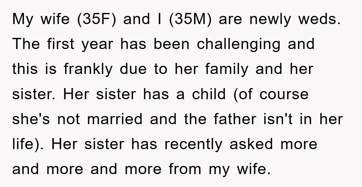 My wife (35F) and I (35M) are newly weds. The first year has been challenging and this is frankly due to her family and her sister. Her sister has a...