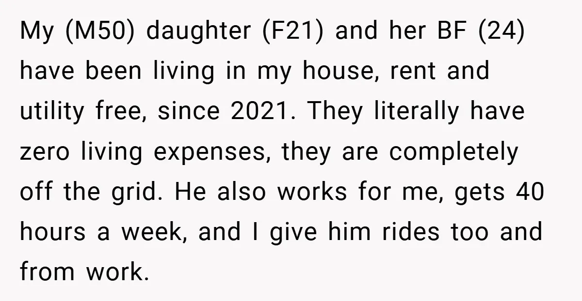 My (M50) daughter (F21) and her BF (24) have been living in my house, rent and utility free, since 2021. They literally have zero living expenses, they are completely off...