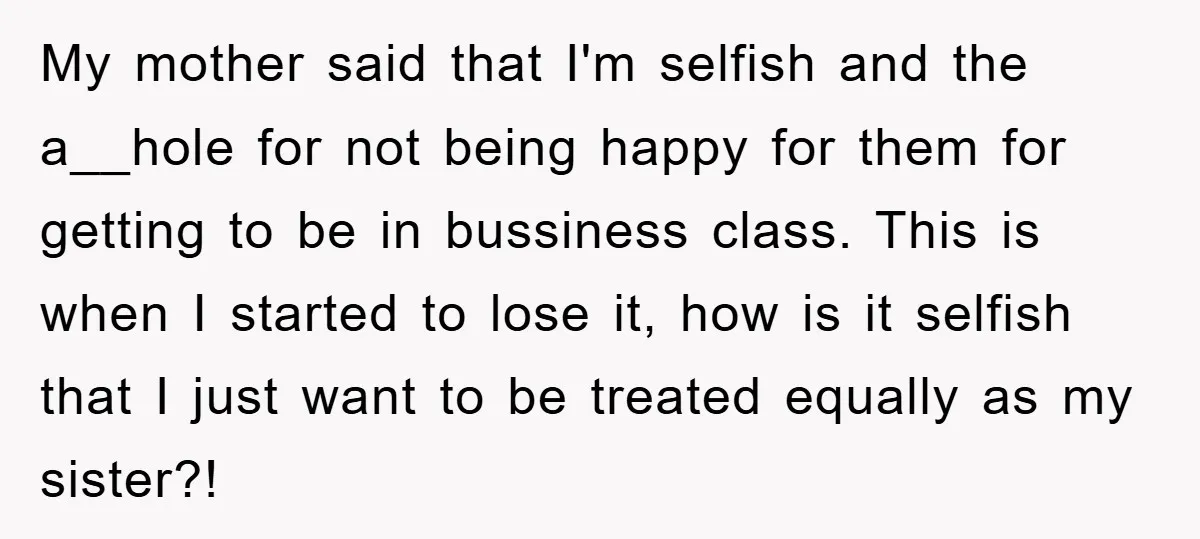 My mother said that I'm selfish and the a__hole for not being happy for them for getting to be in bussiness class. This is when I started to lose it,...