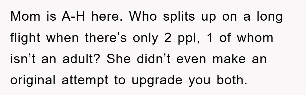 Mom is A-H here. Who splits up on a long flight when there’s only 2 ppl, 1 of whom isn’t an adult? She didn’t even make an original attempt to...