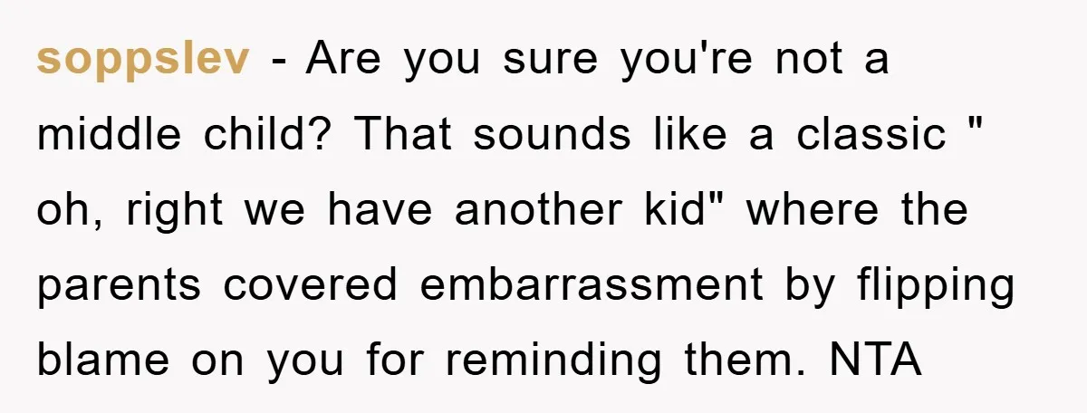 soppslev − Are you sure you're not a middle child? That sounds like a classic " oh, right we have another kid" where the parents covered embarrassment by flipping blame...
