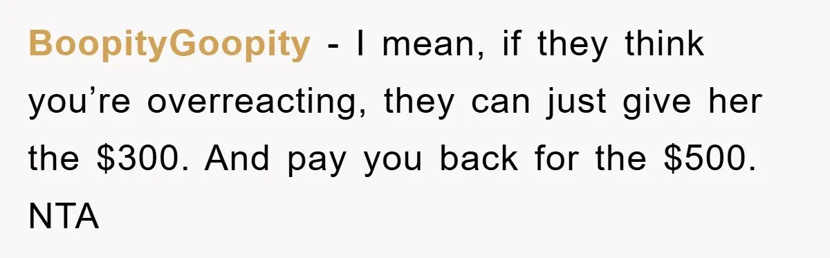 BoopityGoopity − I mean, if they think you’re overreacting, they can just give her the $300. And pay you back for the $500. NTA