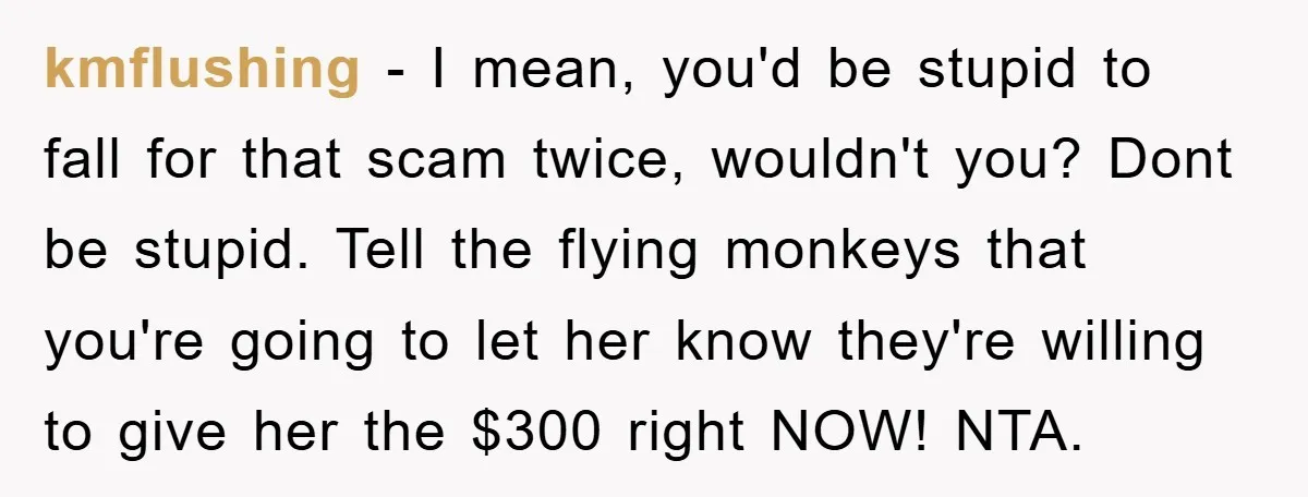 kmflushing − I mean, you'd be stupid to fall for that scam twice, wouldn't you? Dont be stupid. Tell the flying monkeys that you're going to let her know they're...