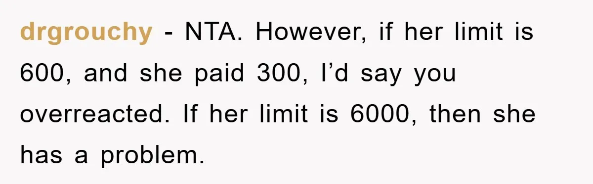 drgrouchy − NTA. However, if her limit is 600, and she paid 300, I’d say you overreacted. If her limit is 6000, then she has a problem.
