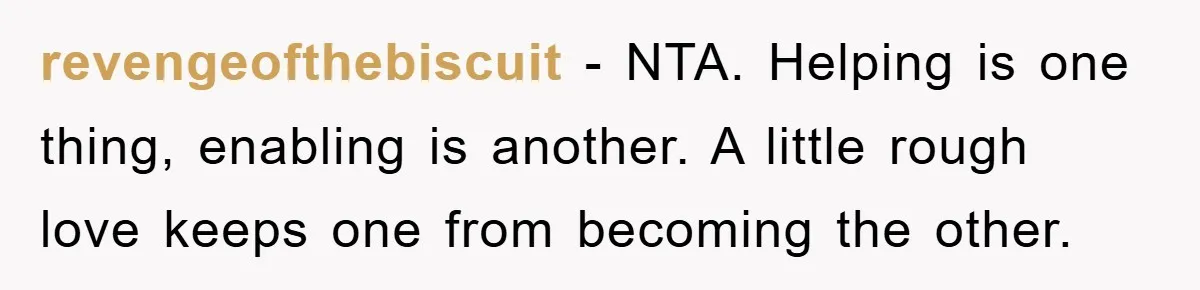 revengeofthebiscuit − NTA. Helping is one thing, enabling is another. A little rough love keeps one from becoming the other.