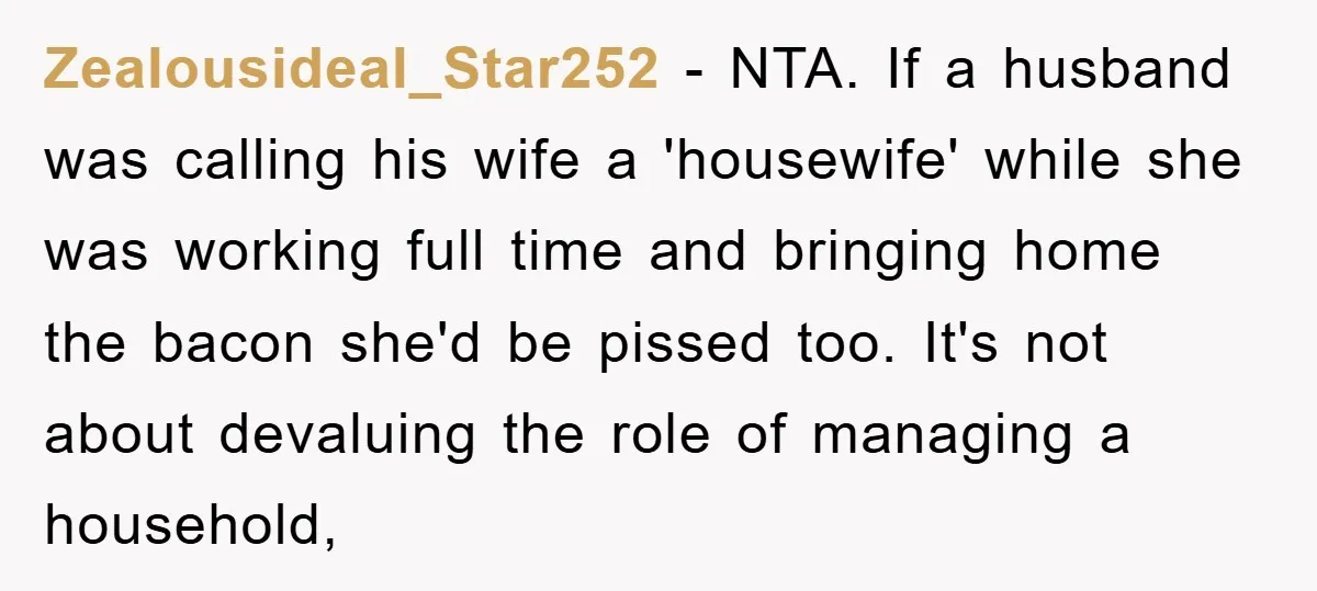 Zealousideal_Star252 − NTA. If a husband was calling his wife a 'housewife' while she was working full time and bringing home the bacon she'd be pissed too. It's not about...