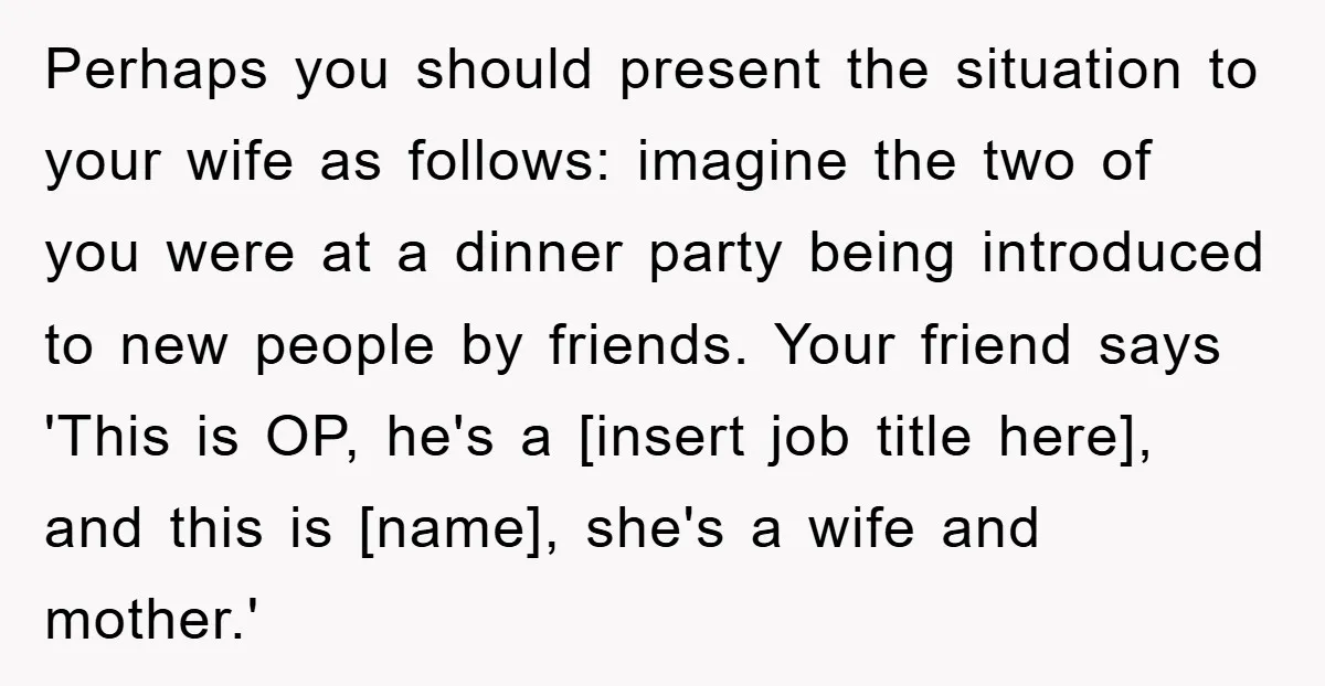 Perhaps you should present the situation to your wife as follows: imagine the two of you were at a dinner party being introduced to new people by friends. Your friend...