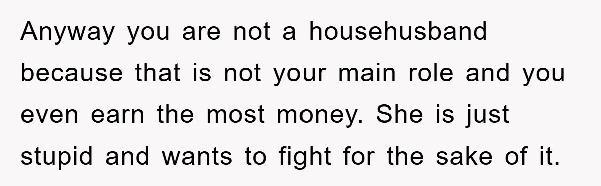 Anyway you are not a househusband because that is not your main role and you even earn the most money. She is just stupid and wants to fight for the...